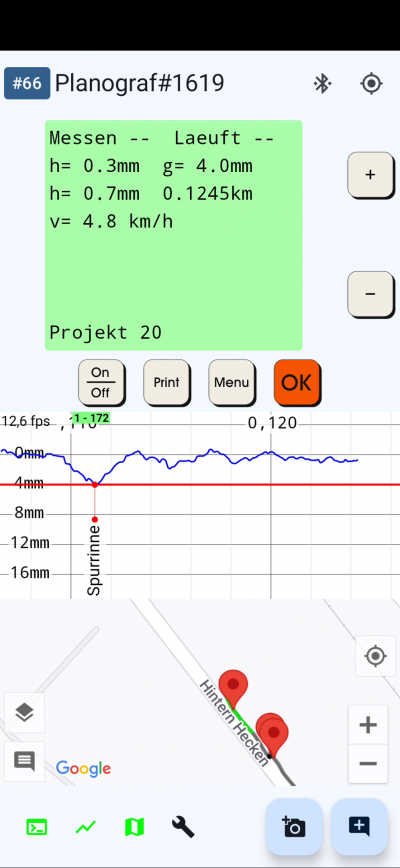 Planograf App mit gesetztem Kommentar Spurrinne
