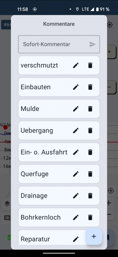 Planograf App: Kommentarmenü zum setzen von Kommentaren auf der Strecke